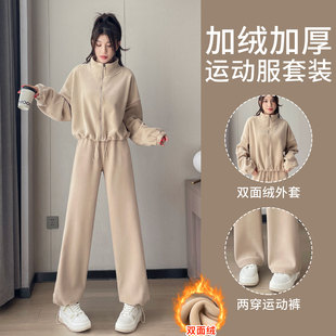加绒加厚休闲裤 2026新款 双面绒保暖健身外套 女秋冬季 跑步运动套装
