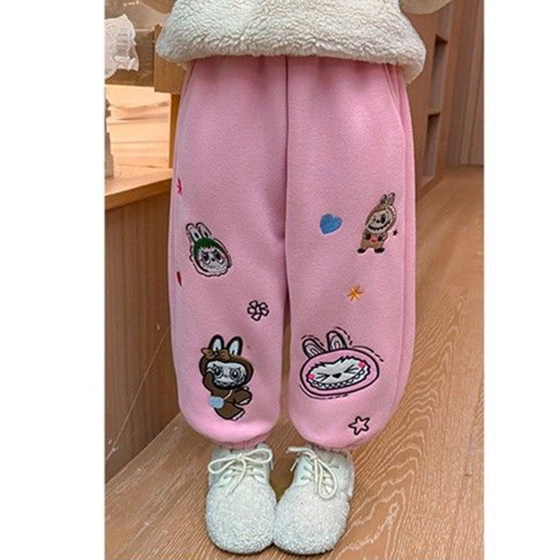 女童加绒加厚运动裤拉布布绣花休闲裤宽松百搭卫裤冬新款保暖长裤