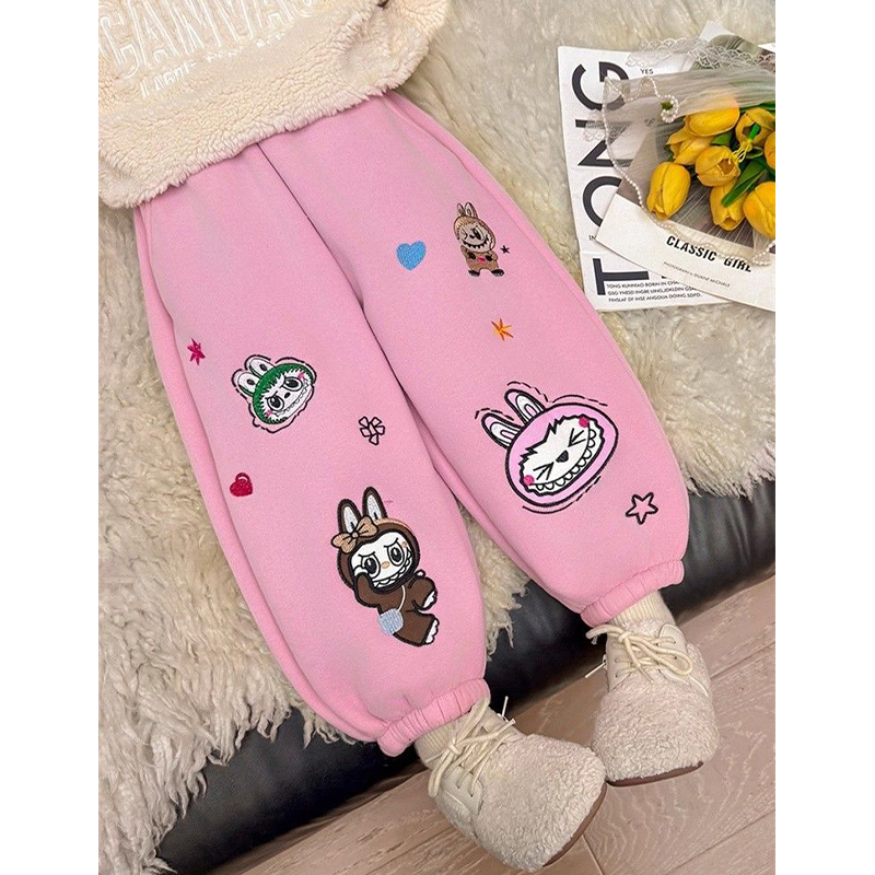 女童加绒加厚运动裤拉布布绣花休闲裤宽松百搭卫裤冬新款保暖长裤