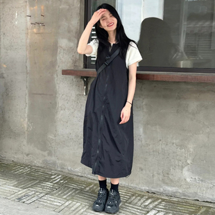 背心裙女夏连衣裙微胖掐腰裙大码 山系黑色工装 裙子胖mm显瘦背带裙
