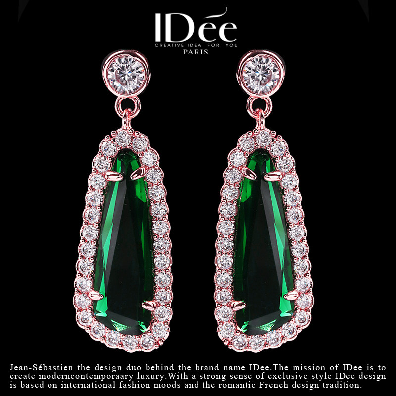 法国IDee祖母绿宝石耳坠 潮人长耳环 欧美夸张水晶耳饰气质饰品
