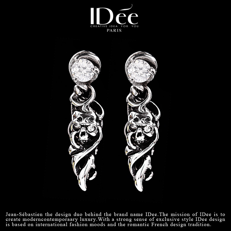 法国IDee骷髅耳坠男 单只时尚泰银耳钉嘻哈925银耳饰品潮男潮牌