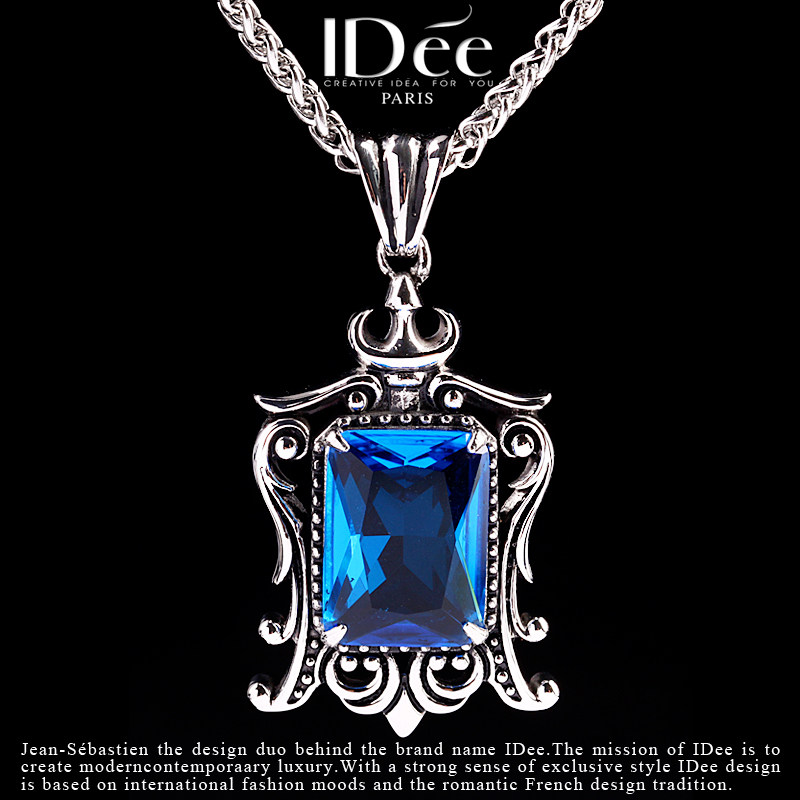 法国IDee蓝宝石项链男士潮牌时尚挂件蓝水晶吊坠嘻哈个性银色饰品