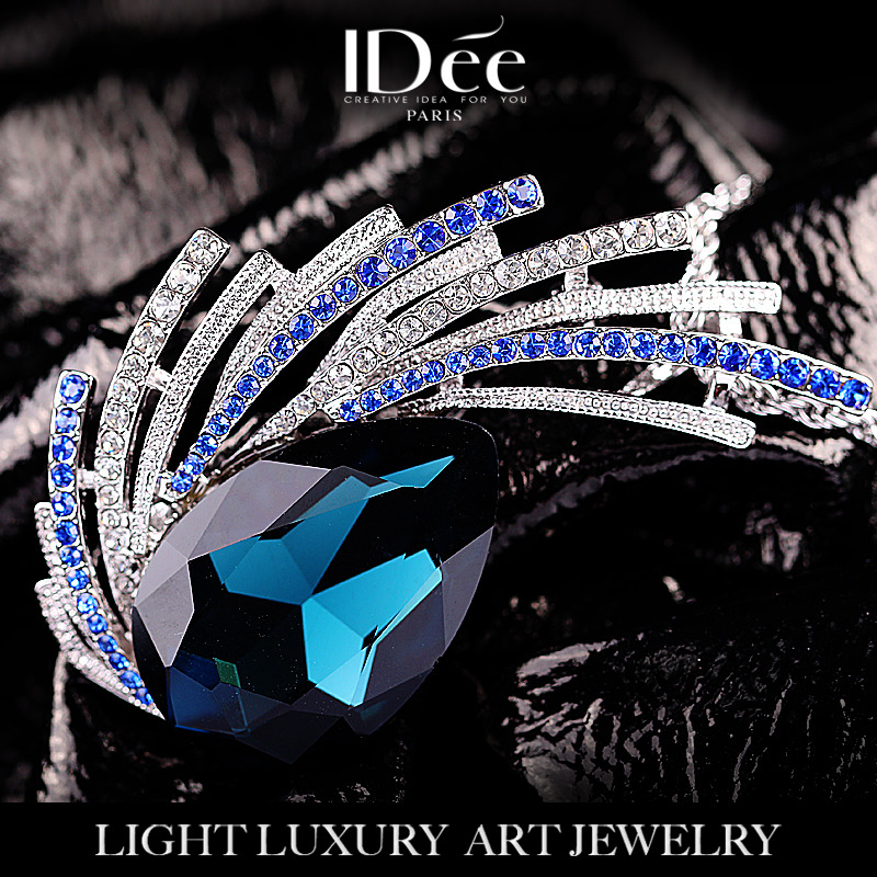 法国IDee孔雀蓝宝石水晶胸针女 欧美气质潮牌个性轻奢银色配饰品