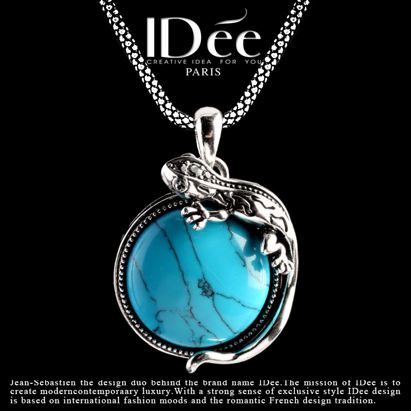 法国IDee项链男潮牌嘻哈吊坠个性蓝松石壁虎复古情侣银色挂饰饰品