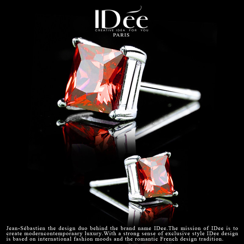 法国IDee红宝石纯银耳钉男女时尚方形情侣银耳饰品轻奢小众设计潮