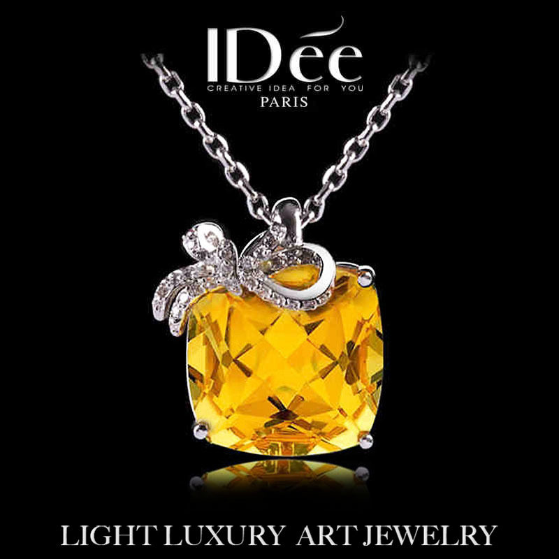 法国IDee黄水晶项链女潮牌方形宝石吊坠潮牌气质锁骨轻奢小众饰品