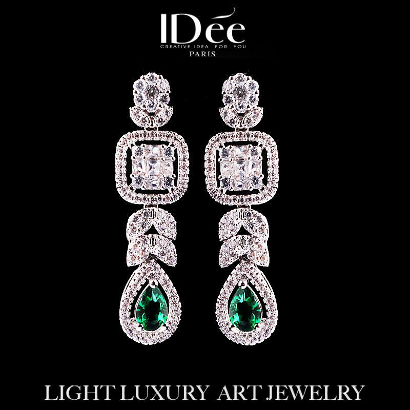 法国IDee冷翡闪钻绿宝石耳坠女时尚潮牌气质耳钉宴会婚礼银色配饰