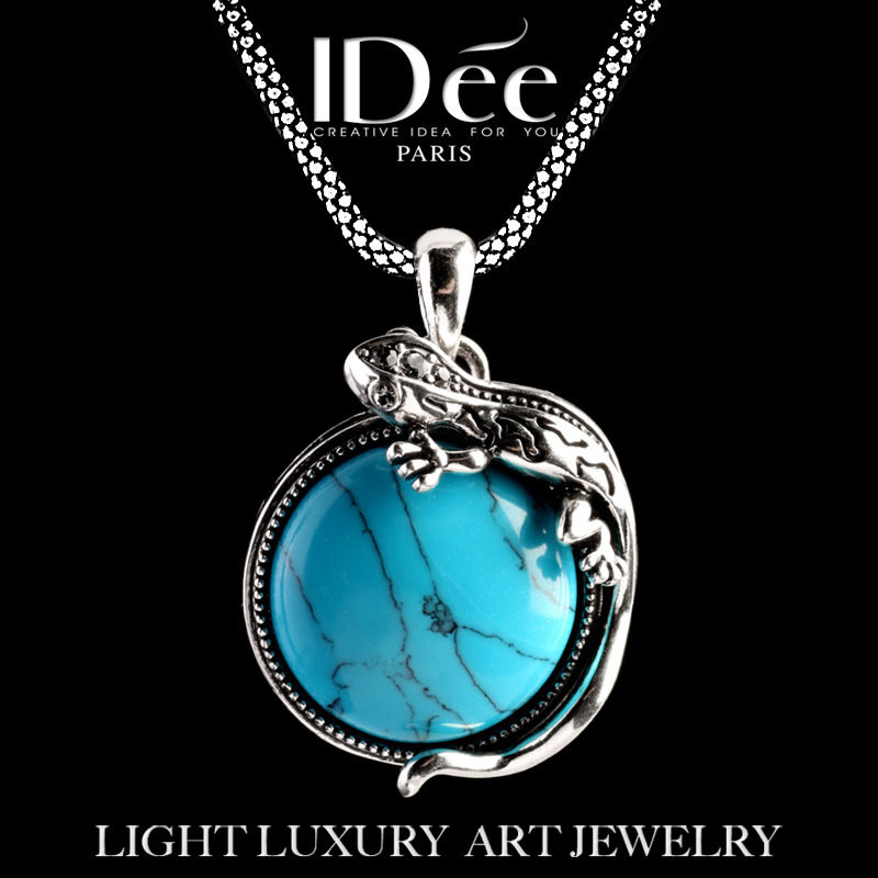 法国IDee项链男复古个性挂件嘻哈吊坠蓝松石壁虎情侣银色饰品潮牌