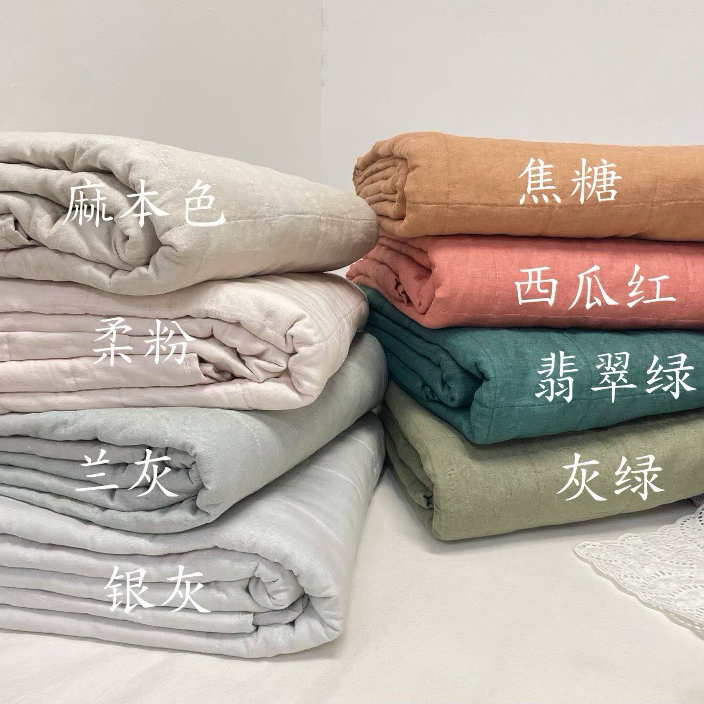 澳洲订单纯亚麻绗缝床盖多功能床单素色双人床