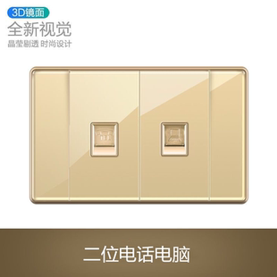 国际电工118型亚克力有机玻璃镜面开关插座香槟金二位电话带电脑