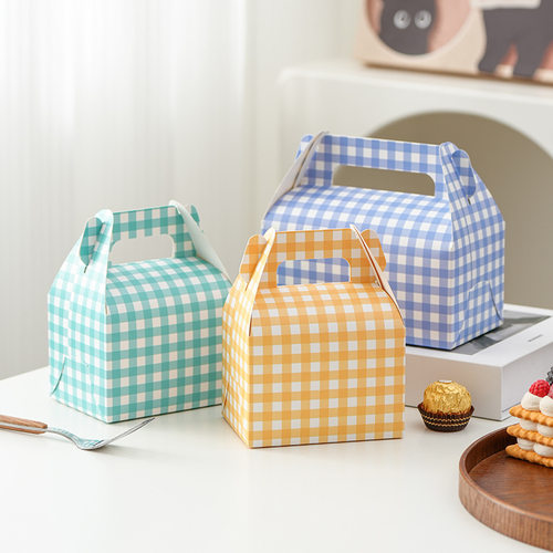 烘焙食品一次性打包盒慕斯盒子手提西点盒切块蛋糕包装纸盒格纹盒