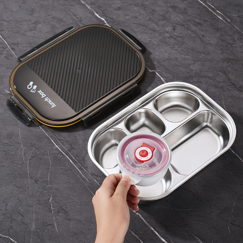 食品级304不锈钢餐盘带盖密封防漏餐具学生分格饭盘食堂四格饭盒