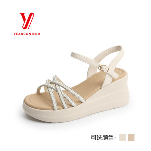 意尔康2026新款时尚百搭凉鞋一字扣女法式气质坡跟女6362GL32657U