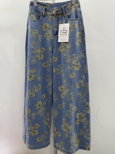 YQS6862下春夏新款高腰宽松显瘦直筒长裤女印花简约阔腿牛仔裤