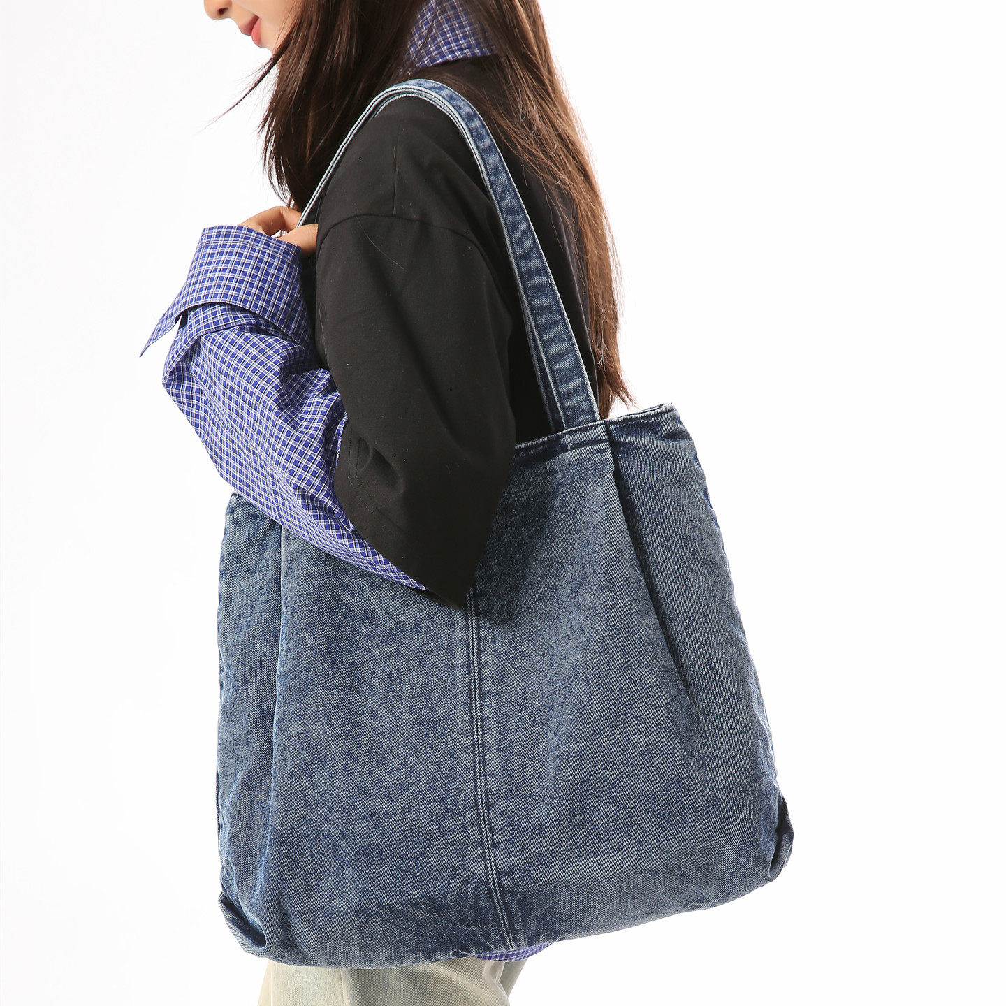 韩版复古潮ins单肩深蓝牛仔包包女大容量托特包大包百搭休闲新款