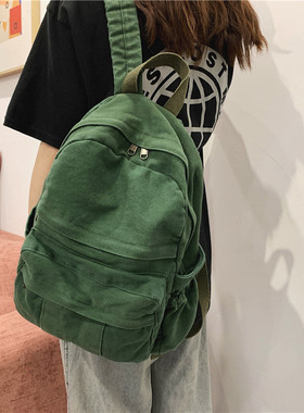 双肩包女复古大容量简约高中学生书包女韩版时尚潮流校园帆布背包