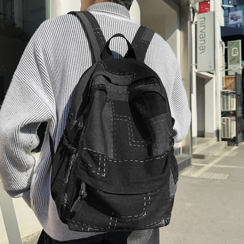 新款港风牛仔布书包女学生ins慵懒坠感帆布双肩包女文艺旅行背包