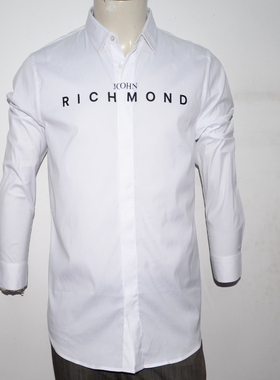 RIC男装四季翻领长袖衬衫 时尚字母印花开胸衫 潮牌白色弹力衬衣