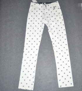 F男装四季款休闲裤 时尚点点绣花长裤 潮牌白色弹力修身裤子3690