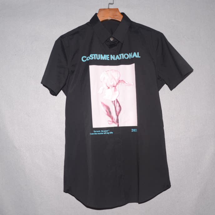 C男装夏翻领短袖衬衫印花开胸衫