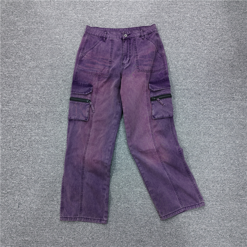女士秋款洗水棉做旧直筒休闲阔腿长裤 复古高腰多袋工装裤女 秋