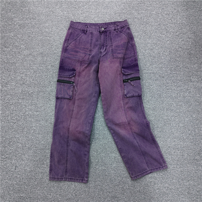 女士秋款洗水棉做旧直筒休闲阔腿长裤 复古高腰多袋工装裤女 秋