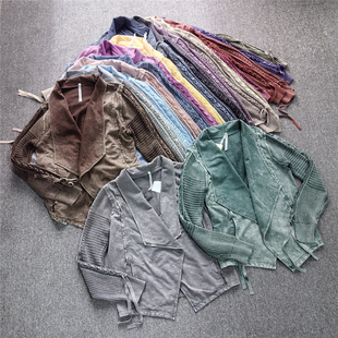 欧美外贸单重工洗水做旧休闲针织开衫 春秋复古废土风翻领外套女