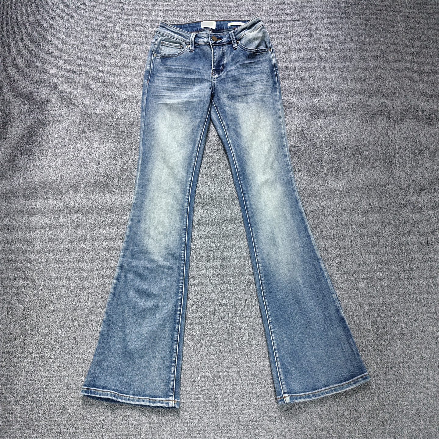 外贸原单 春秋辣妹复古低腰微喇女牛仔长裤 弹力修身女裤子