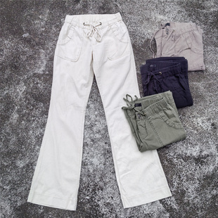 外贸原单女士棉麻微喇长裤 夏季松紧腰弹力系绳宽松女裤子