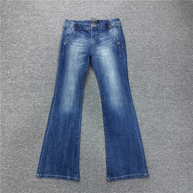 欧美简约显瘦磨白微弹复古裤子 低腰辣妹露脐微喇牛仔长裤女 秋