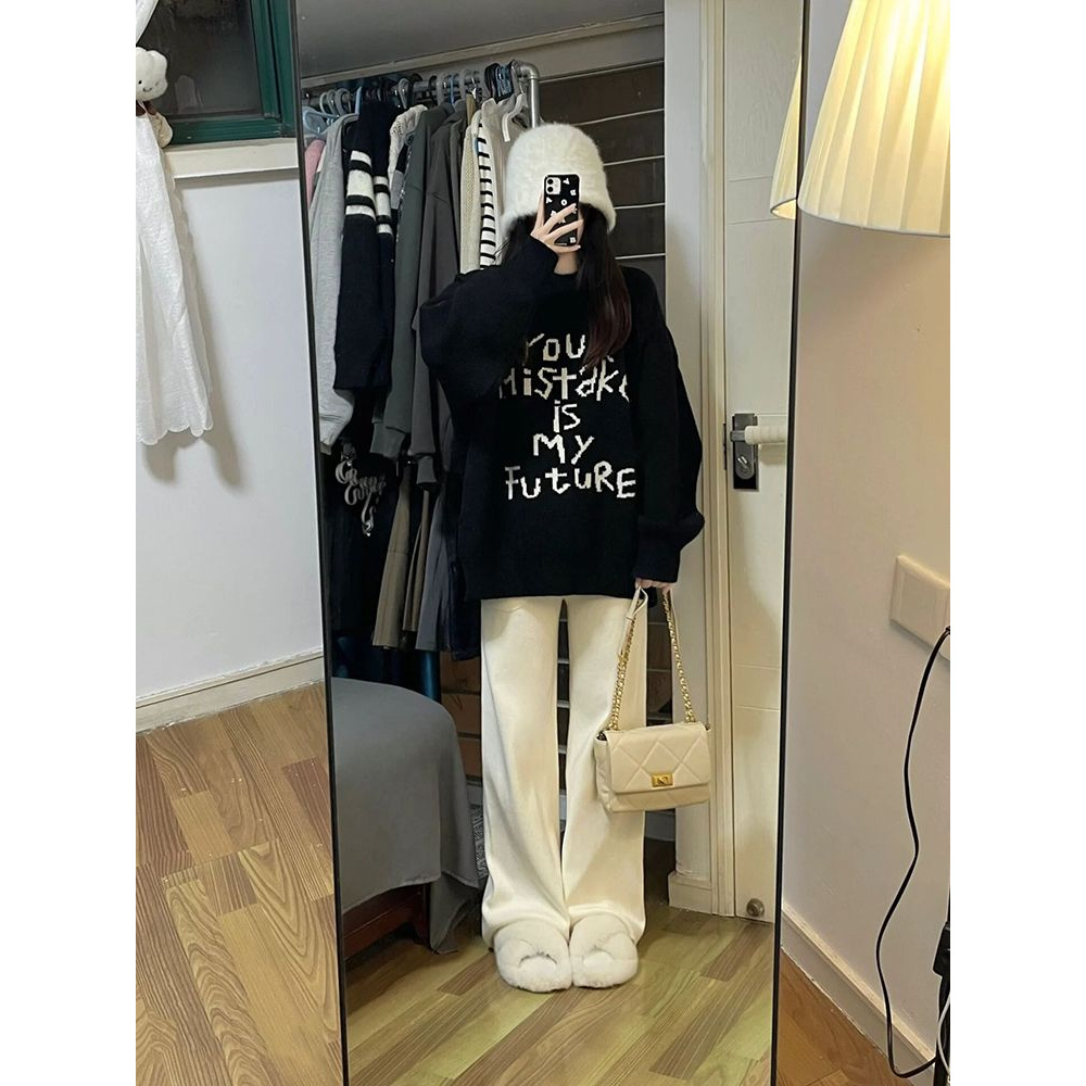 休闲宽松加绒印花针织直筒时尚百搭显瘦韩版慵懒风圆领套头毛衣女