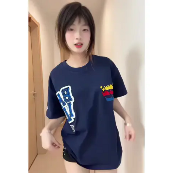 时尚休闲百搭潮流夏季女士女款韩版原版毛巾绣短袖T恤 藏青色