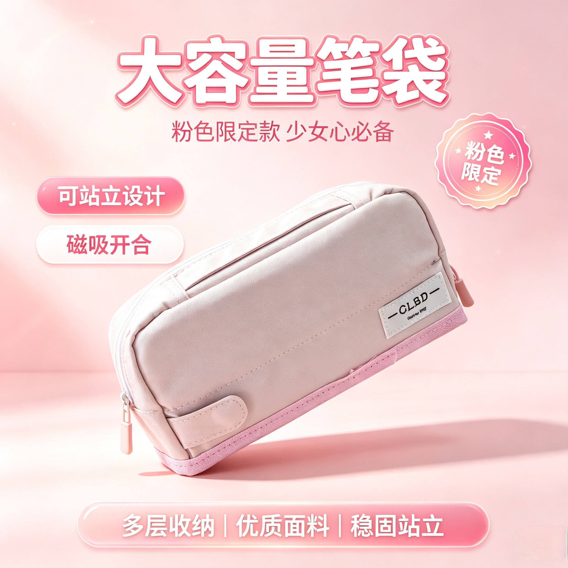 捂嘴猫咪粉色限定笔袋可爱折叠站立桌面收纳大容量文具盒笔袋ins