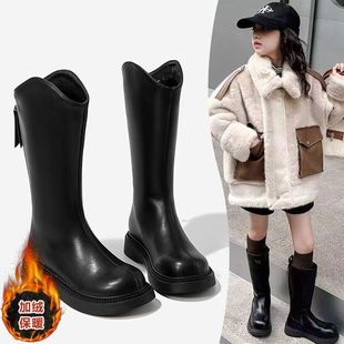 女童靴子2025新款中大童秋冬款百搭加绒长筒靴女孩保暖软底骑士靴