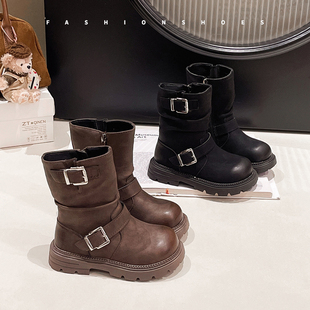 女童加绒靴子冬季2025新款洋气英伦风儿童中筒靴软底保暖女孩棉靴