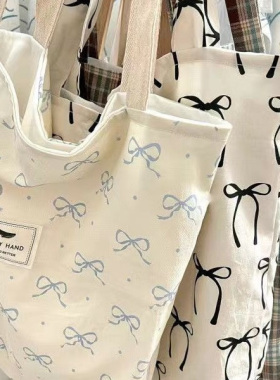 春夏季韩风ins蝴蝶结拉链开口帆布包学生复古大容量手提袋单肩包