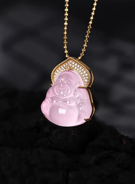 粉色玉髓佛公项链女新款水晶吊坠天然芙蓉石s925纯银镶嵌项链女款