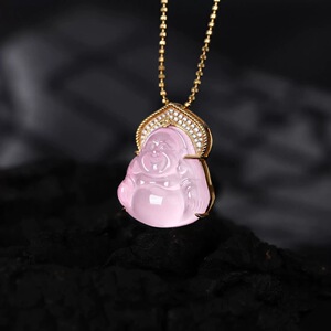 粉色玉髓佛公项链女新款水晶吊坠天然芙蓉石s925纯银镶嵌项链女款