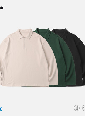 26AW日系混纺磨毛半拉链Polo衫翻领卫衣宽松长袖T恤男