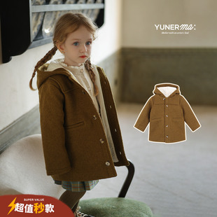 女童冬季新款纯绵羊毛中长款夹棉大衣宝宝秋冬加厚连帽毛呢外套潮