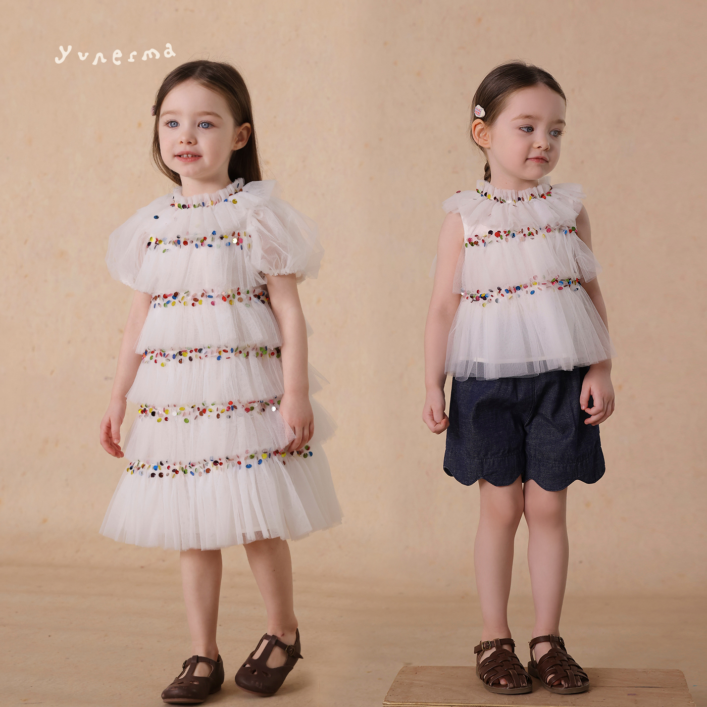 允儿妈女童亮片泡泡袖短袖连衣裙