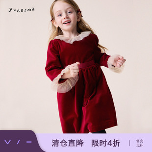 允儿妈女童2026新年复古红色丝绒蕾丝领连衣裙儿童圣诞公主裙裙子