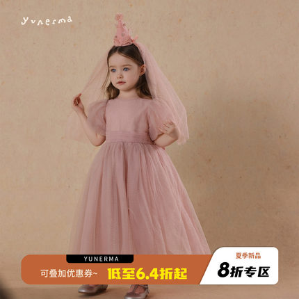 允儿妈夏季蝴蝶结蓬蓬纱连衣裙女童泡泡袖公主裙宝宝六一生日礼服