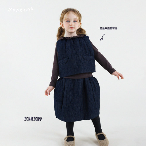 允儿妈冬季加棉棉麻马甲半裙套装