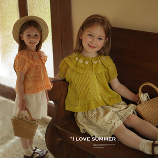 短袖 女童小众显白气质花边领娃娃衫 新款 衬衫 允儿妈宝宝夏季 上衣