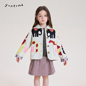 允儿妈女童2026新款 女孩上衣潮 亚麻混纺贴布翻领外套儿童小众开衫