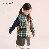 衬衣儿童上衣潮 时尚 允儿妈女童日系亚麻混纺拼色格子衬衫 宝宝春季