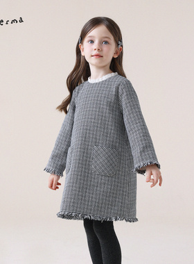 允儿妈女童冬季小众纯棉千鸟格连衣裙宝宝小香风公主裙儿童裙子潮