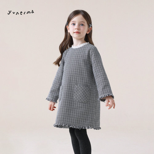 允儿妈女童小香风千鸟格连衣裙